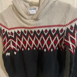 Old Navy Beige and Black Hooded Sweater with Red Pattern